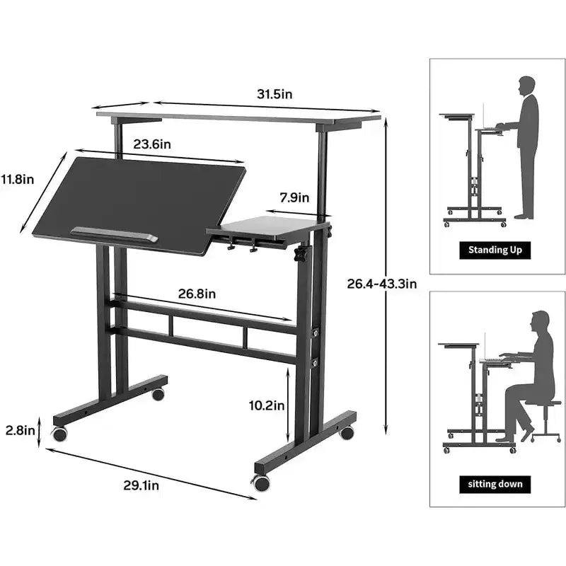 Bureau debout réglable en hauteur avec roulettes, table d'ordinateur portable mobile assis-debout avec plateau inclinable