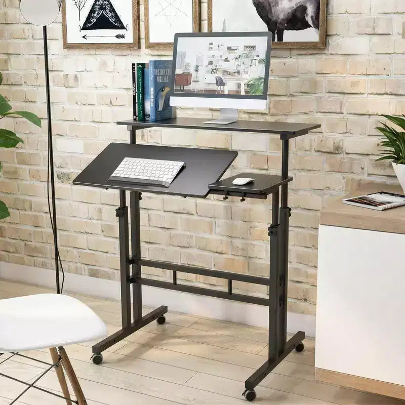 Bureau debout réglable en hauteur avec roulettes, table d'ordinateur portable mobile assis-debout avec plateau inclinable