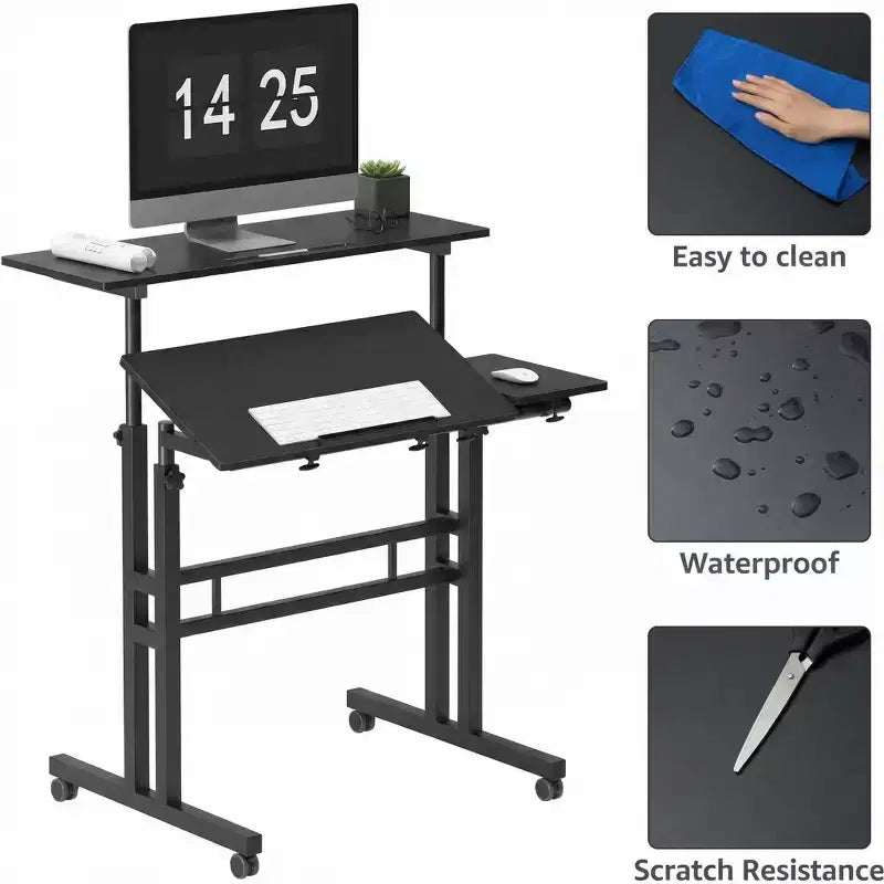 Bureau debout réglable en hauteur avec roulettes, table d'ordinateur portable mobile assis-debout avec plateau inclinable