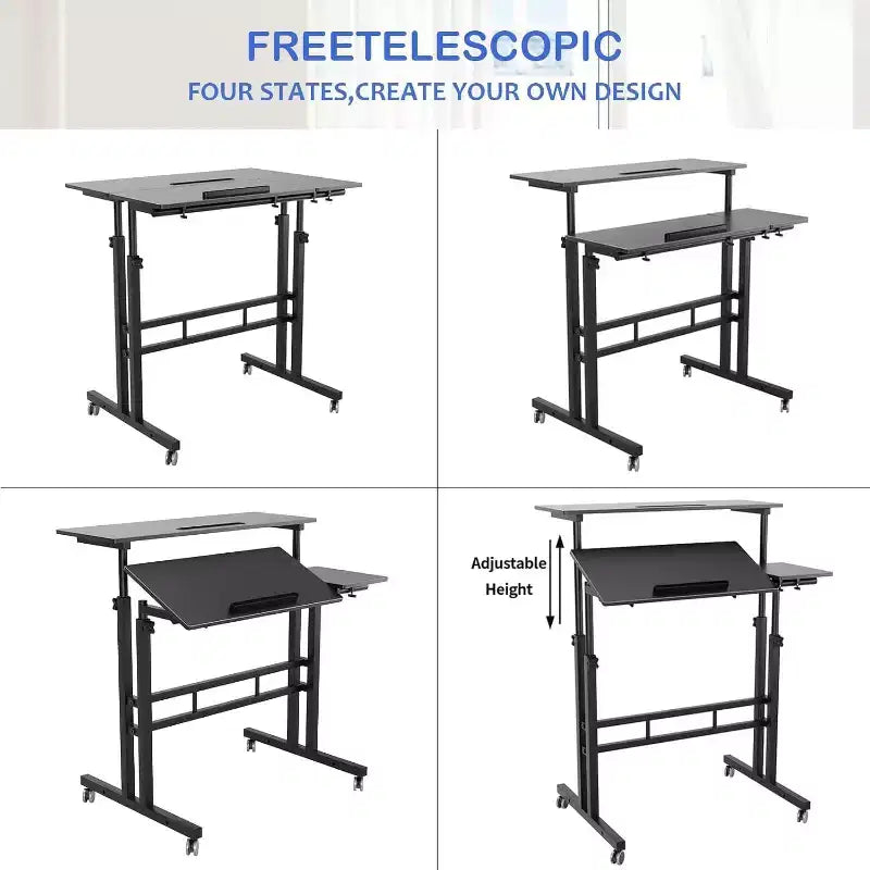 Bureau debout réglable en hauteur avec roulettes, table d'ordinateur portable mobile assis-debout avec plateau inclinable