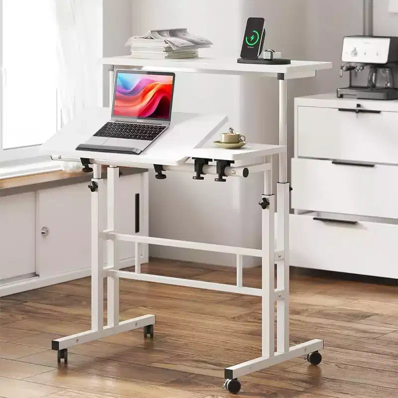 Bureau debout réglable en hauteur avec roulettes, table d'ordinateur portable mobile assis-debout avec plateau inclinable