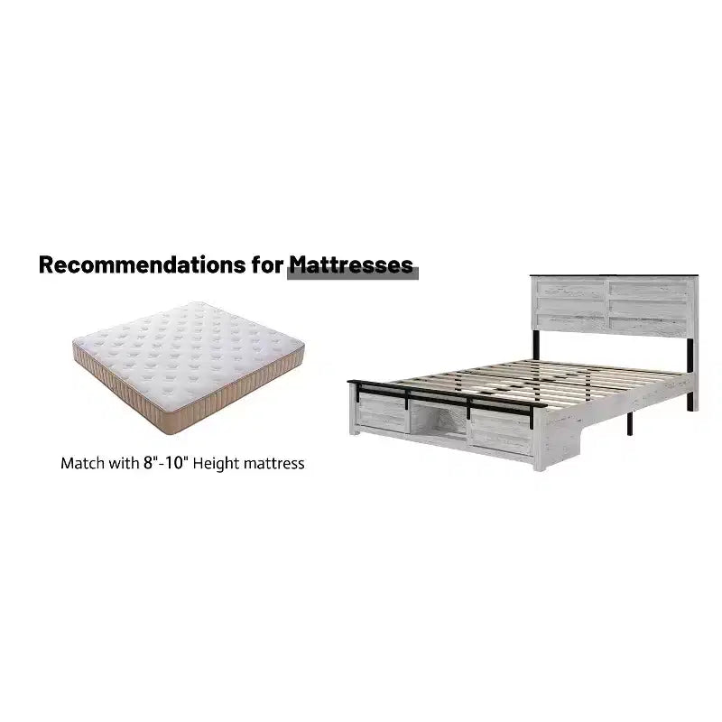 Lit plateforme double/grand avec tête de lit capitonnée de rangement