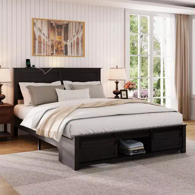 Full/Queen Size Platform Bed with Upholstered Storage Headboard, Wood Platform Bed Frame with Charging Station and LED Lights